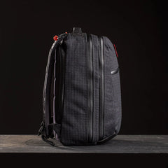 GORUCK black rucksack backpack with dual zippers and rugged design on dark background