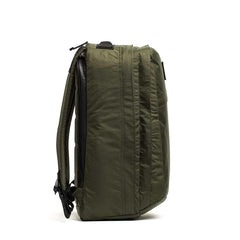 GORUCK GR2 34L rucksack in dark green XPAC, side view highlighting stash pocket and durable build