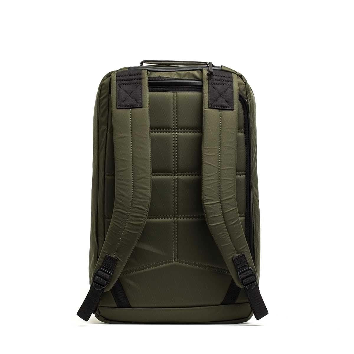 GORUCK GR2 34L rucksack in dark green with padded straps and rear stash pocket, back view