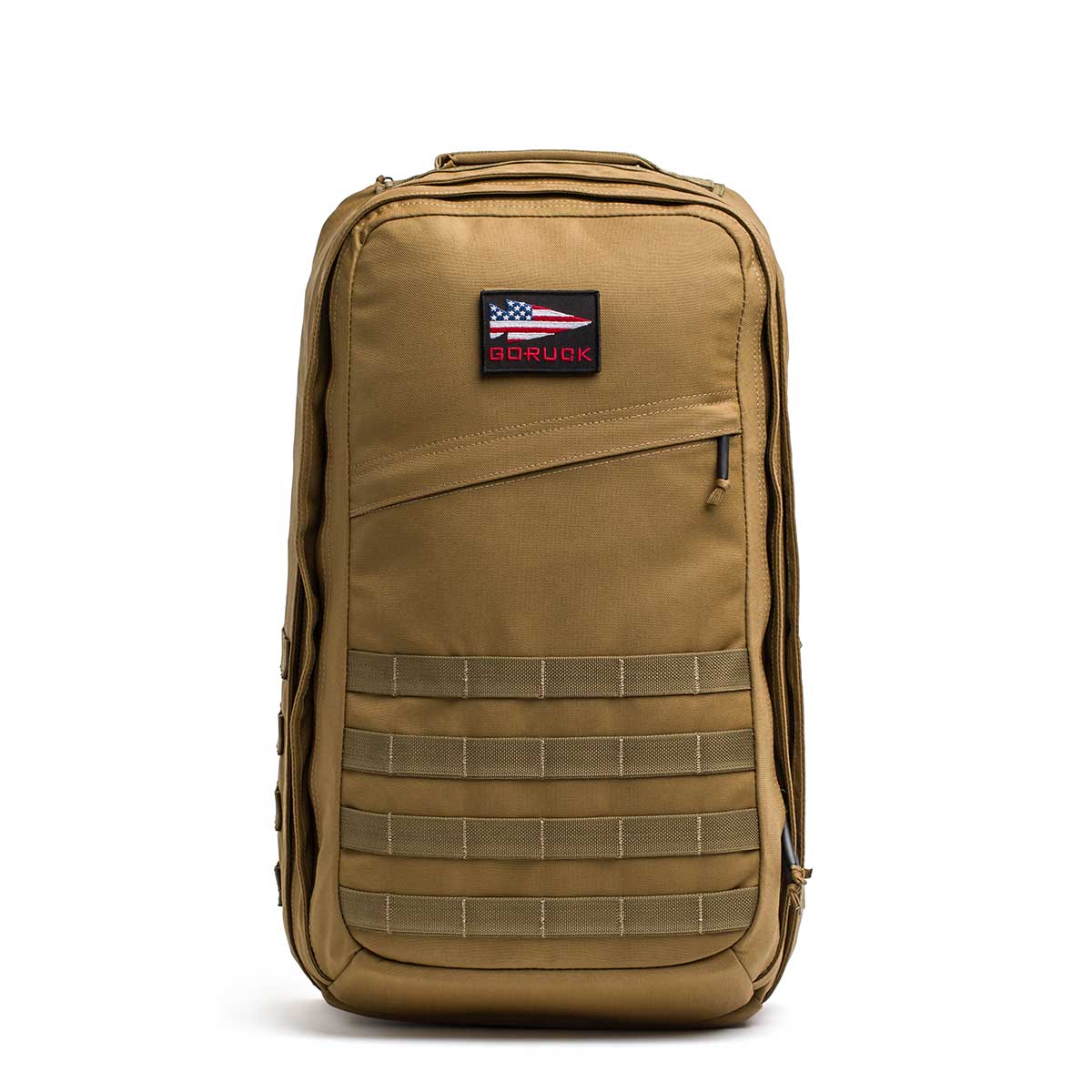 Tan GR2 - Cordura backpack featuring an American flag patch and multiple exterior webbing straps—rugged enough to serve as your ruck or a reliable carry-on travel bag.