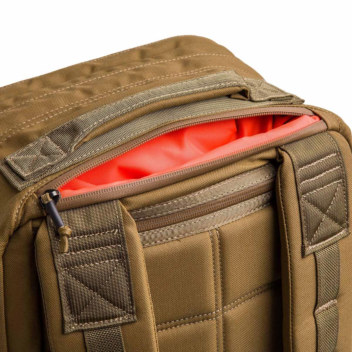 GORUCK Coyote Brown 40L rucksack backpack with visible orange interior pocket
