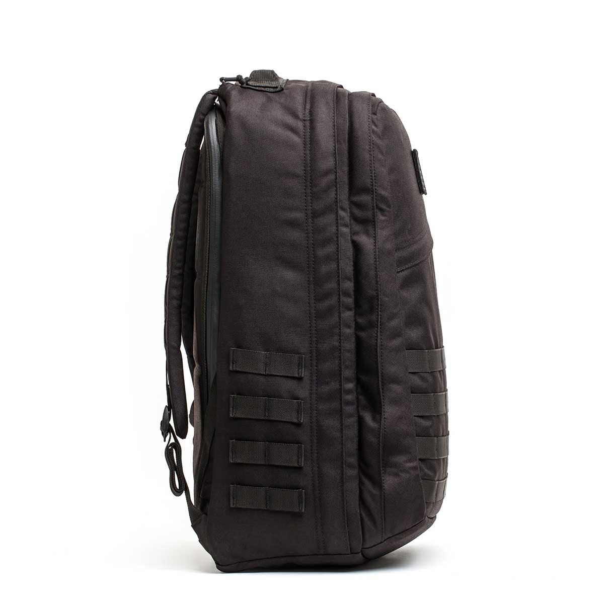 GORUCK black 40L rucksack side view, durable 1000D fabric, rugged outdoor backpack