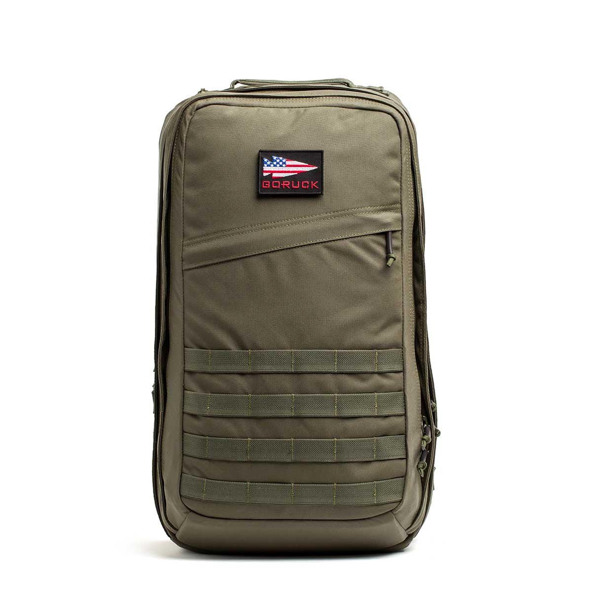 GORUCK GR2 40L Ranger Green backpack with USA flag patch, rugged rucking gear