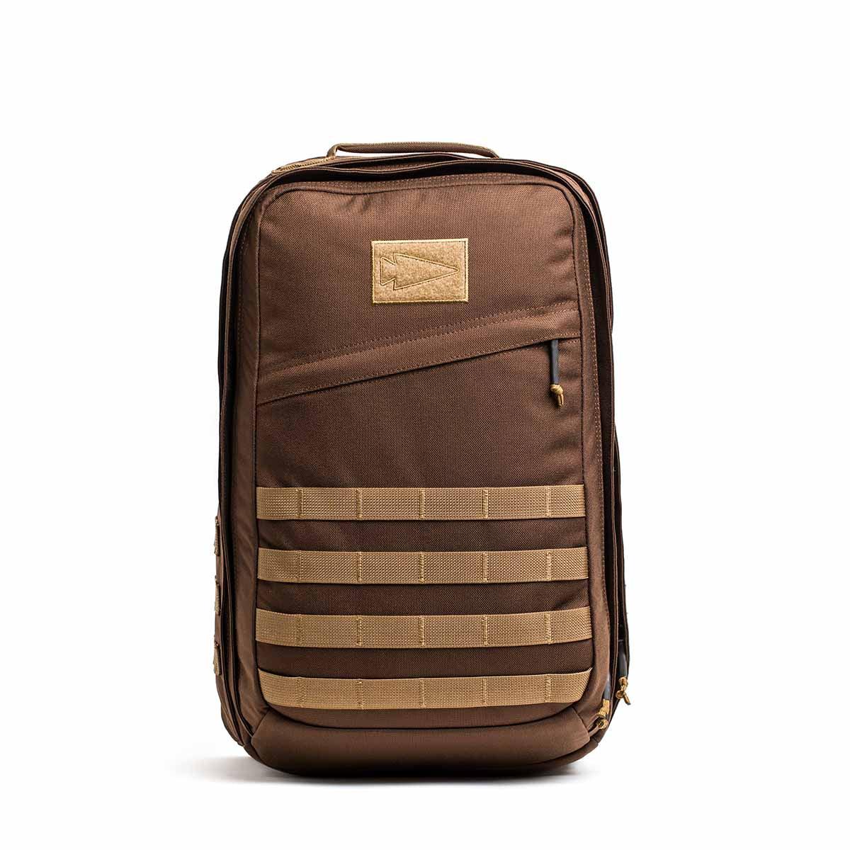 GORUCK brown Cordura rucksack backpack with coyote tan accents on white background