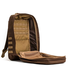 GORUCK brown rucksack open to show spacious interior, rugged Cordura fabric, and multiple pockets