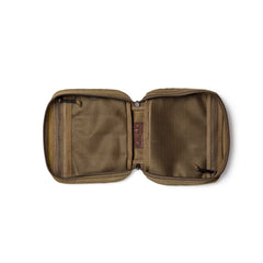 A tan GR2 Field Pocket - Waxed Canvas unzipped flat, revealing mesh pockets and compartments on both sides.