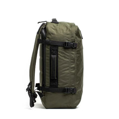 GORUCK dark green XPAC rucksack side view with black straps and rugged handle