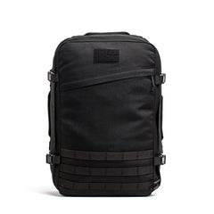 The GR3 is a black 45L backpack featuring buckles, straps, and front MOLLE webbing. Water resistant and built for durability, this carry-on rucksack stands upright and suits any adventure.