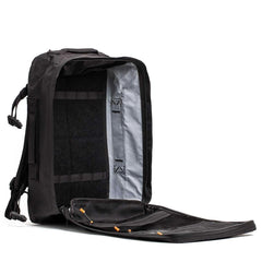 GORUCK black rucksack with open clamshell design and visible interior compartments