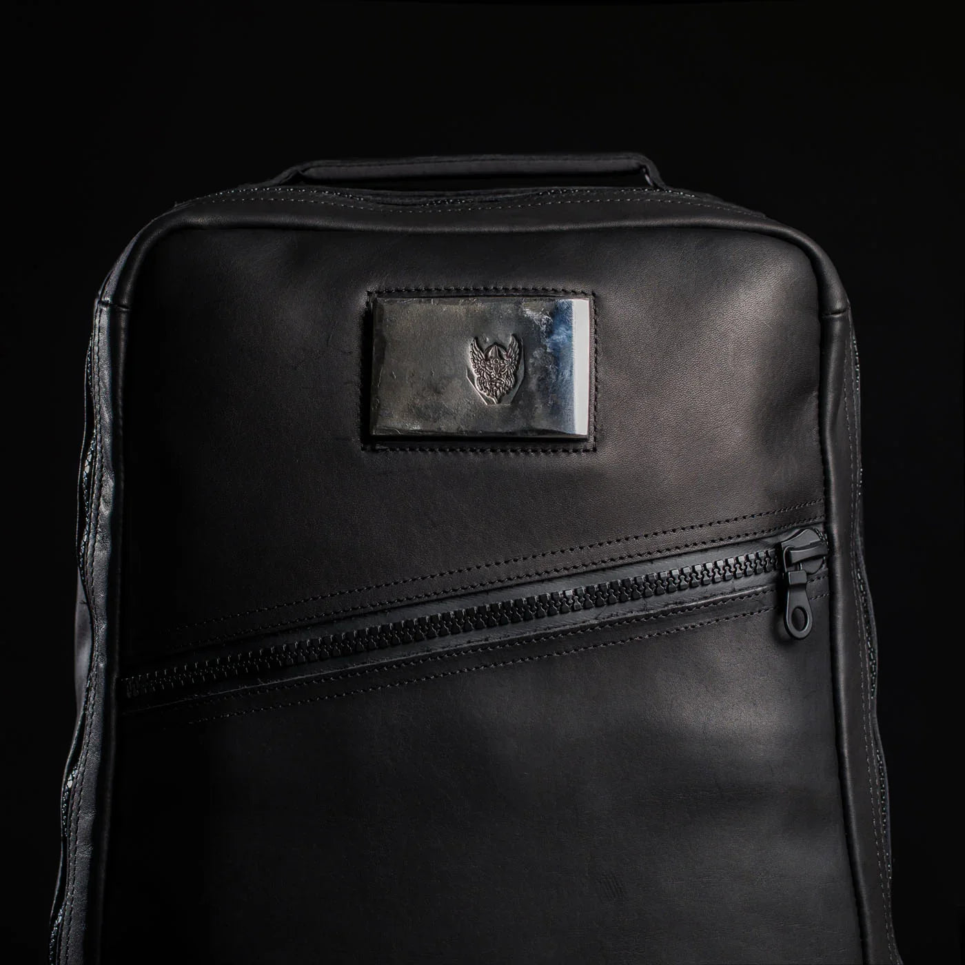 GORUCK Beserker Viking black leather rucksack with angled zipper and metal patch