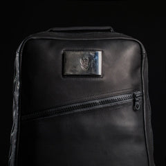 GORUCK Beserker Viking black leather rucksack with angled zipper and metal patch