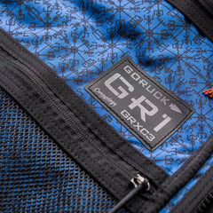 Close-up of GORUCK GR1 GRXC3 rucksack interior, blue fabric with black Viking pattern and patch