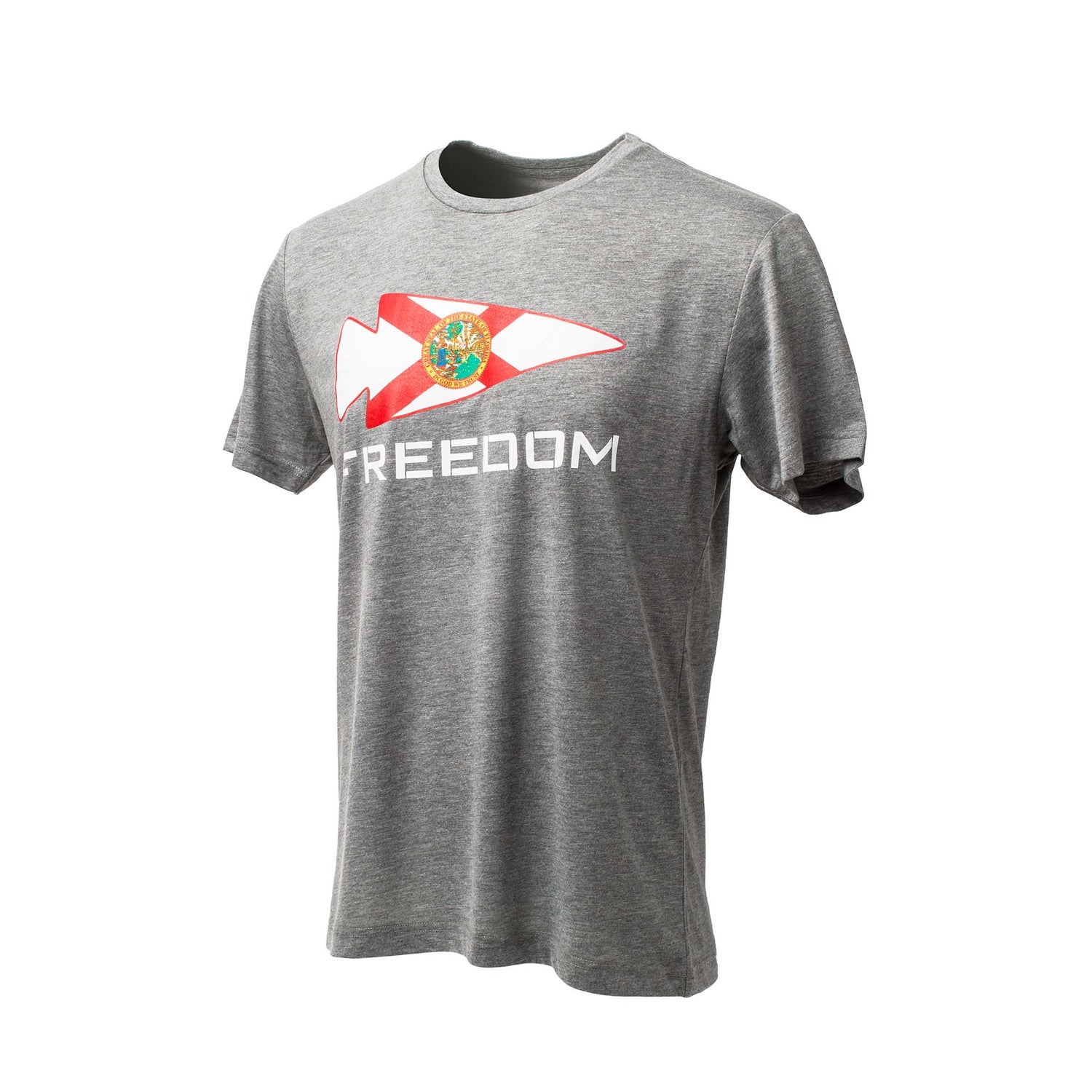 The Florida Freedom Tee - Tri-BlendX features a gray design with the state flag graphic and 