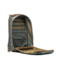 GORUCK Heritage 21L Charcoal backpack open, showing interior compartments and rugged design