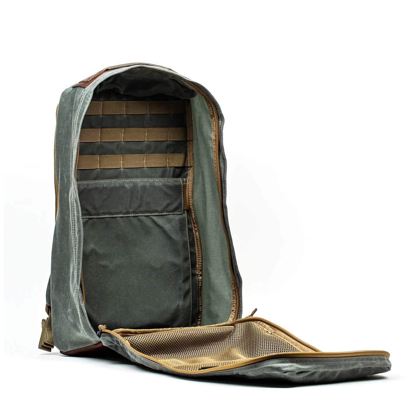 GORUCK Heritage charcoal brown rucksack open to show spacious interior compartments