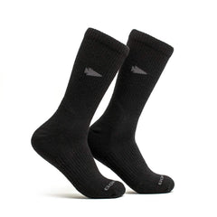 GORUCK black merino wool long crew socks with logo, durable rucking gear on white background