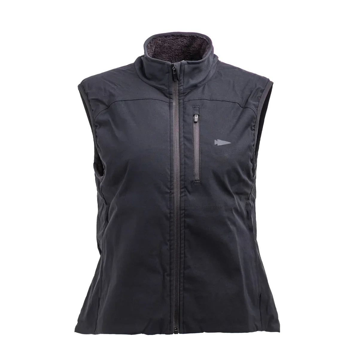 GORUCK women's black fleece vest with zip front, chest pocket, and arrowhead logo
