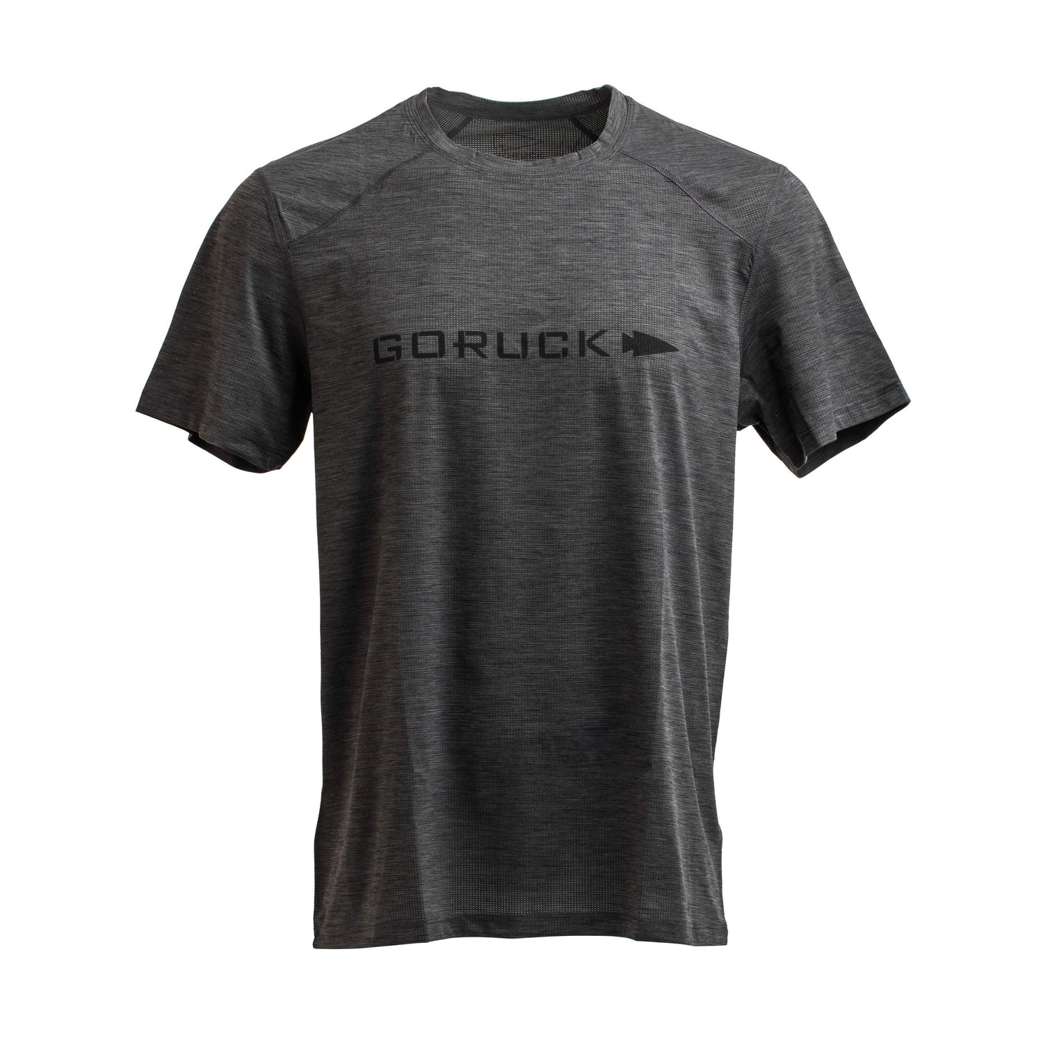 GORUCK men's dark grey performance tee, size L, short sleeve, Vietnam made, front view