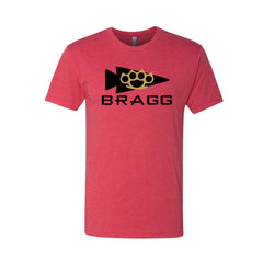 The BRAGG Event Tee - Tri-Blend is a premium red shirt with a black arrow and brass knuckles graphic above bold "BRAGG" lettering—ideal for your next event weekend.