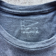 Close-up of the Embrace the Suck Tee - Tri-BlendX in gray, size L, featuring "embrace the suck" and product details printed inside the collar.