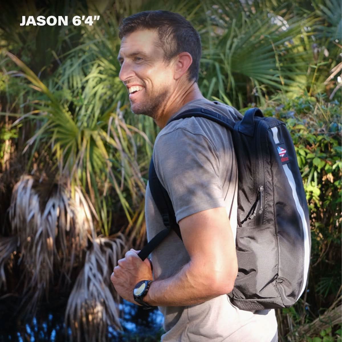 Tall man wearing GORUCK backpack outdoors, showcasing rucking gear fit and sizing guide