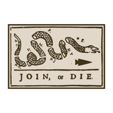 The Join or Die Ruck features the iconic segmented snake labeled with colonies and "JOIN, or DIE."—a Benjamin Franklin political cartoon from the French and Indian War, first published in the Pennsylvania Gazette.