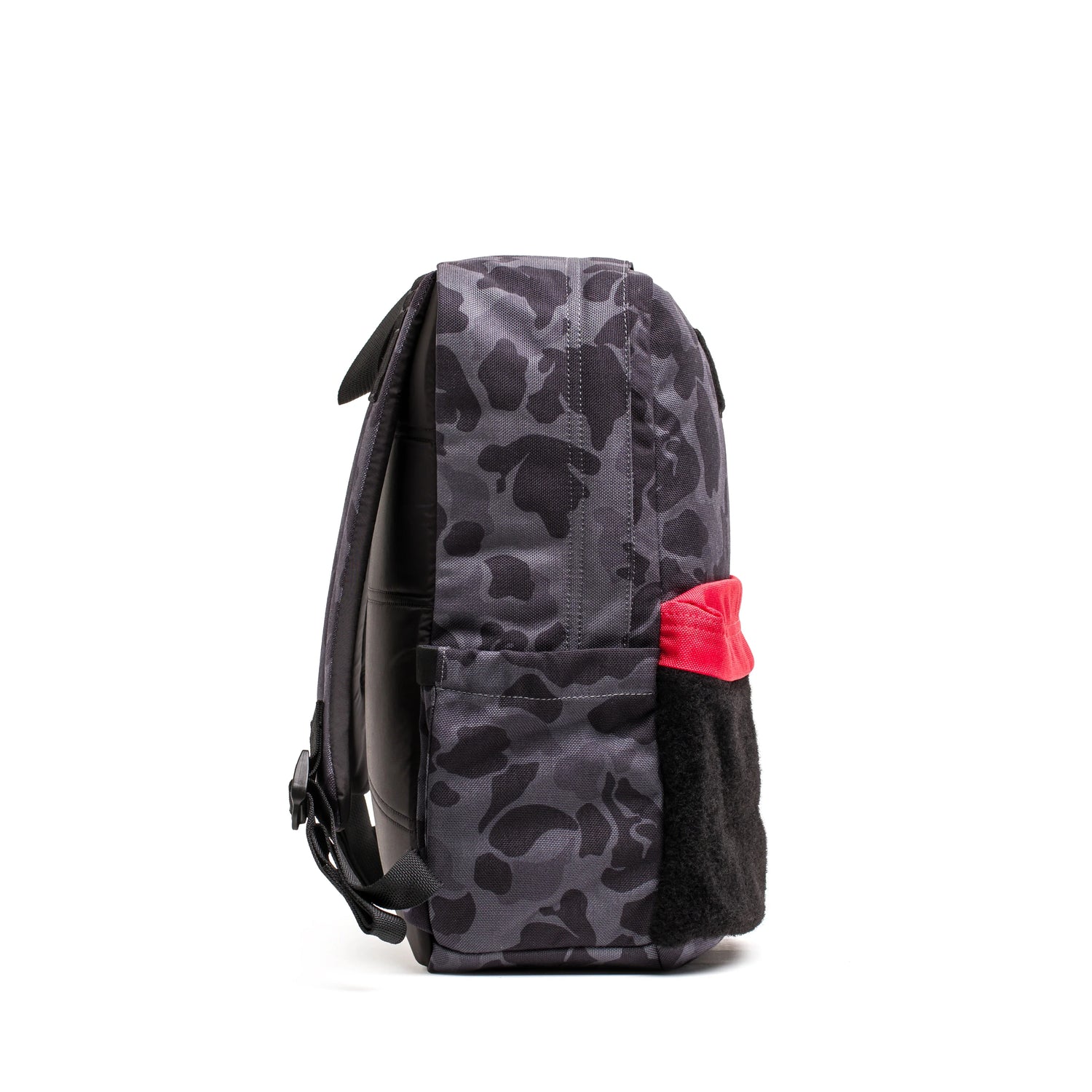 GORUCK black camo backpack with red and black side pocket, rugged rucking gear