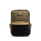 GORUCK Ranger Green and Coyote backpack with front patch and black bottom, isolated on white