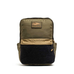 GORUCK Ranger Green and Coyote backpack with front patch and black bottom, isolated on white
