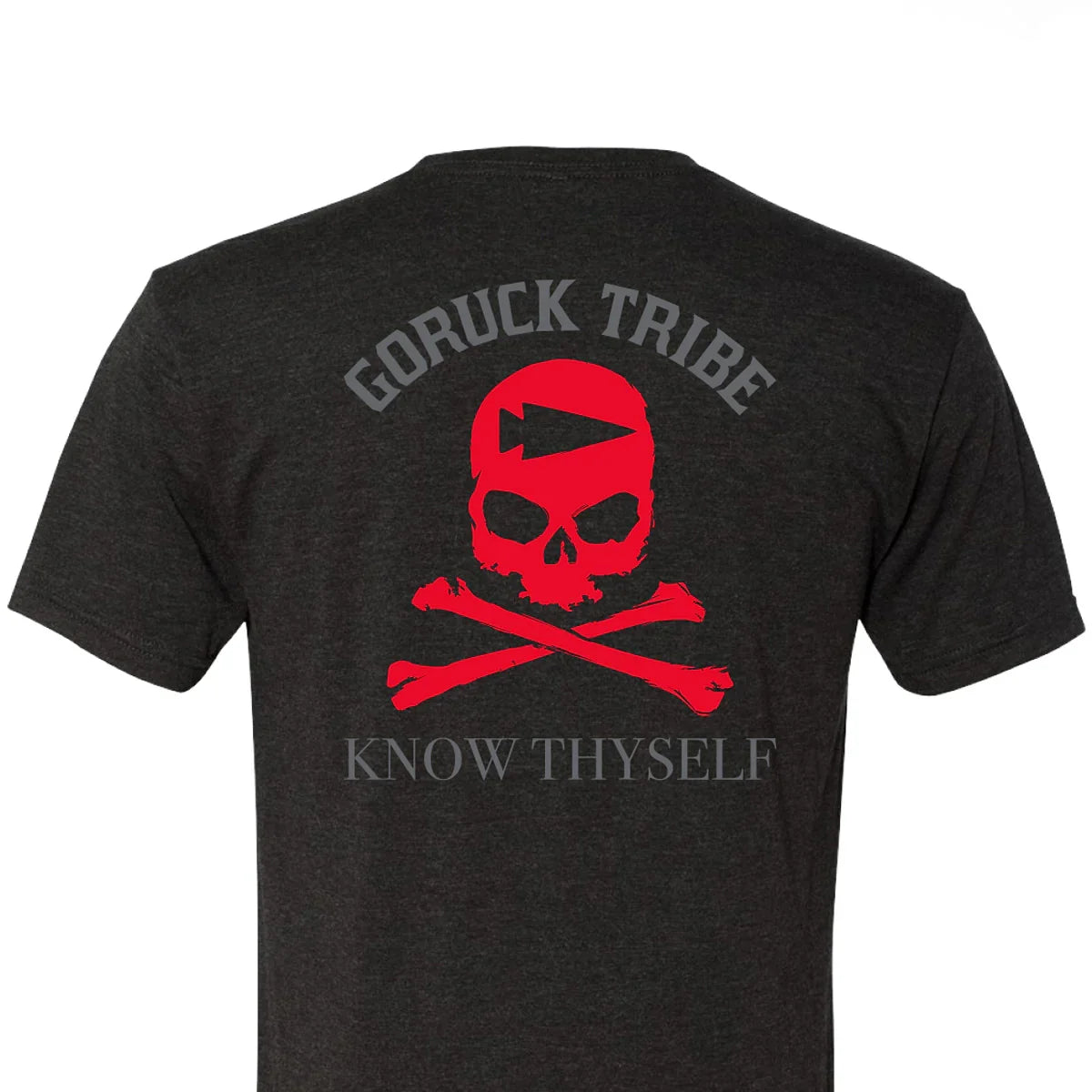 Black GORUCK shirt back with red skull, crossed bones, 'GORUCK TRIBE' and 'KNOW THYSELF' text