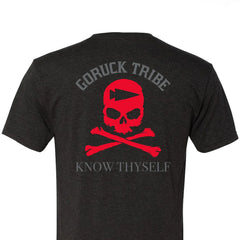 Black GORUCK shirt back with red skull, crossed bones, 'GORUCK TRIBE' and 'KNOW THYSELF' text