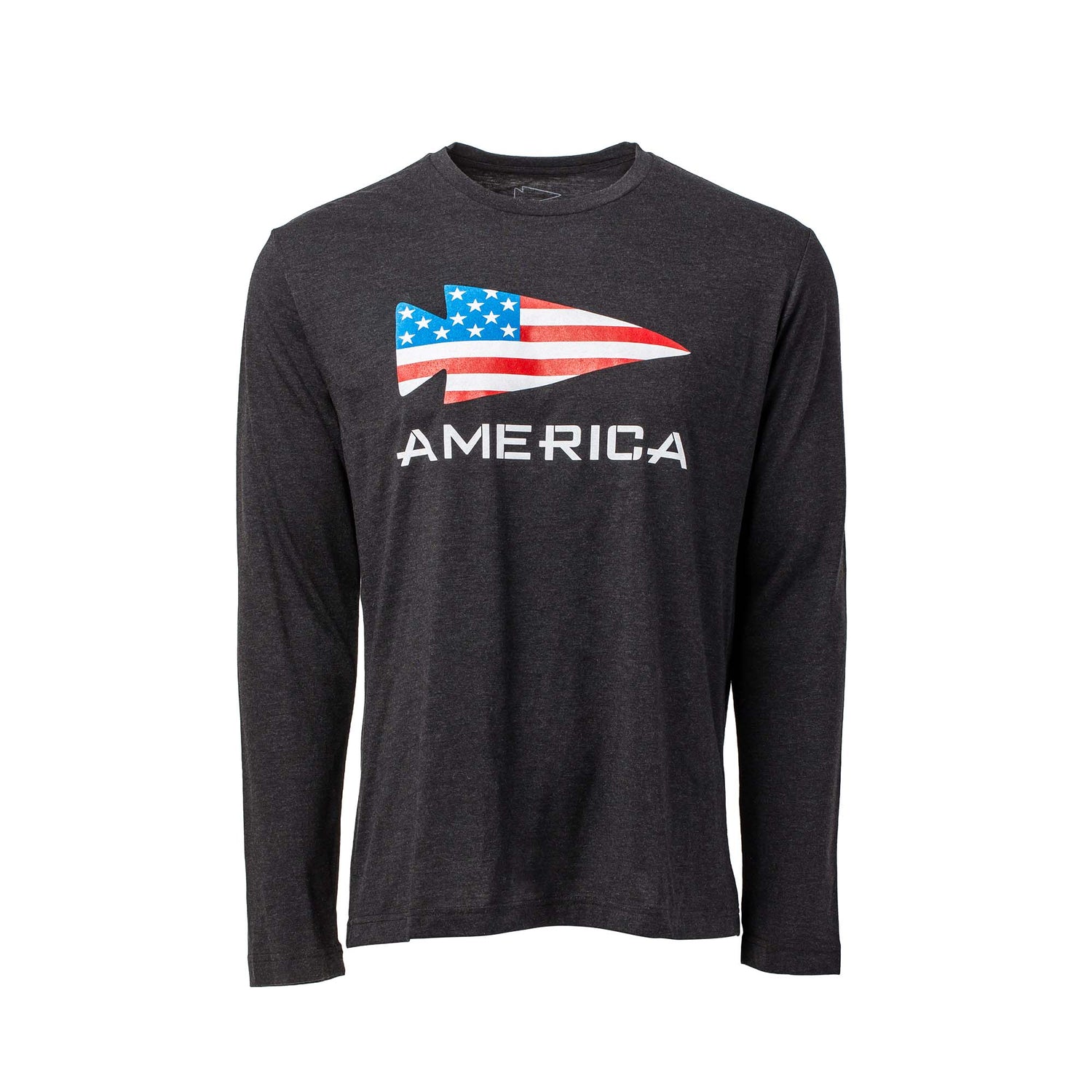 The Men's America Long Sleeve - Tri-BlendX features an antimicrobial fabric and a stylized fish logo in an American flag design above 