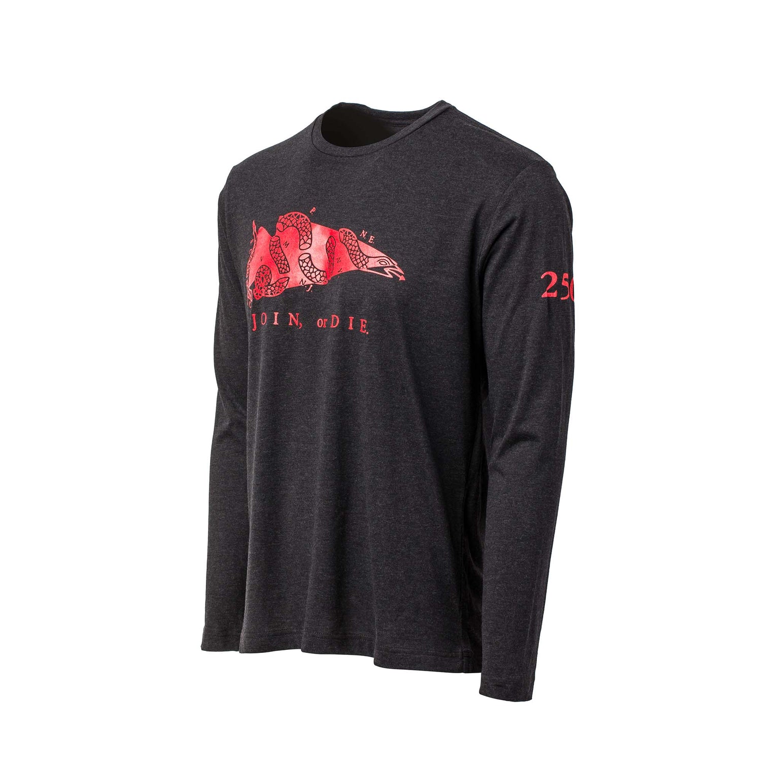 The Men's Join or Die Long Sleeve - Tri-BlendX features Ben Franklin’s iconic red segmented snake and bold 