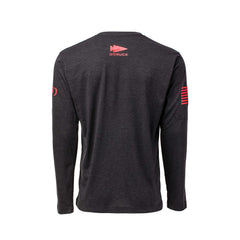 Back view of the Men's Join or Die Long Sleeve - Tri-BlendX, showcasing bold red logos on the back, sleeve, and shoulder.