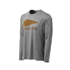Men's GORUCK Spearhead Long Sleeve - Tri-BlendX in gray, featuring a brown GORUCK spearhead logo and "GORUCK" text on the front, displayed against a white background.