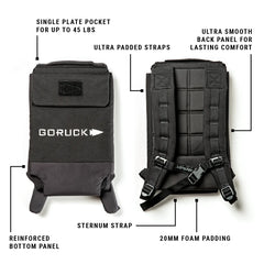 GORUCK rucksack with ultra padded straps, sternum strap, foam padding, and reinforced bottom panel.