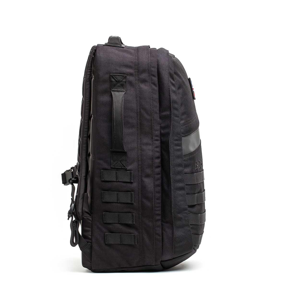 GORUCK Long Range Rucker 4.0 39L black tactical backpack with orange accents, side view