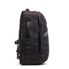 GORUCK Long Range Rucker 4.0 39L black tactical backpack with orange accents, side view