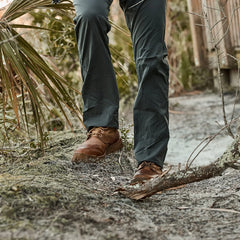 GORUCK MACV-2 mid top brown boots on forest trail, rugged outdoor rucking footwear