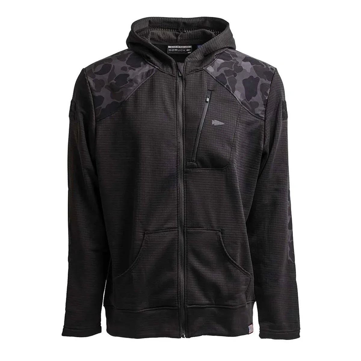 GORUCK men's black grid fleece full zip hoodie with black frogskin camo shoulder accents