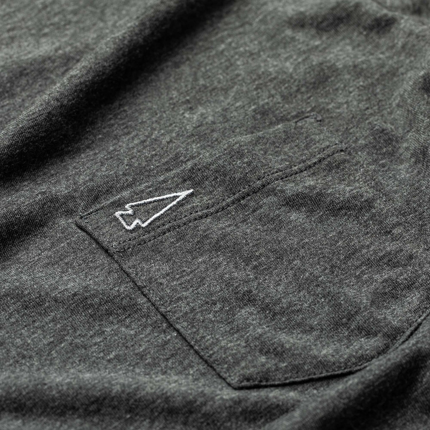 GORUCK men's charcoal triblend long sleeve shirt, chest pocket with spearhead embroidery