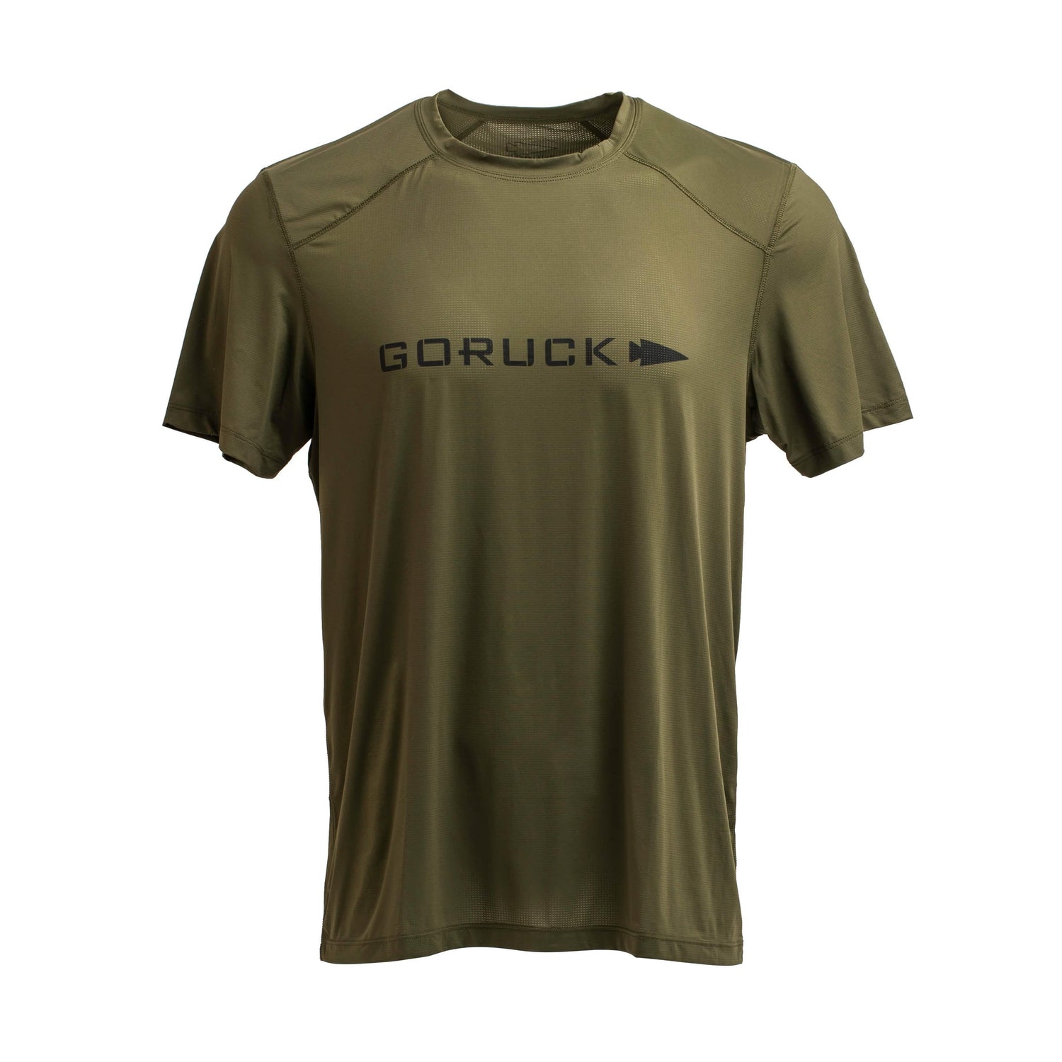 GORUCK men's olive performance tee, moisture-wicking, short sleeves, front logo