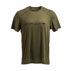 GORUCK men's olive performance tee, moisture-wicking, short sleeves, front logo