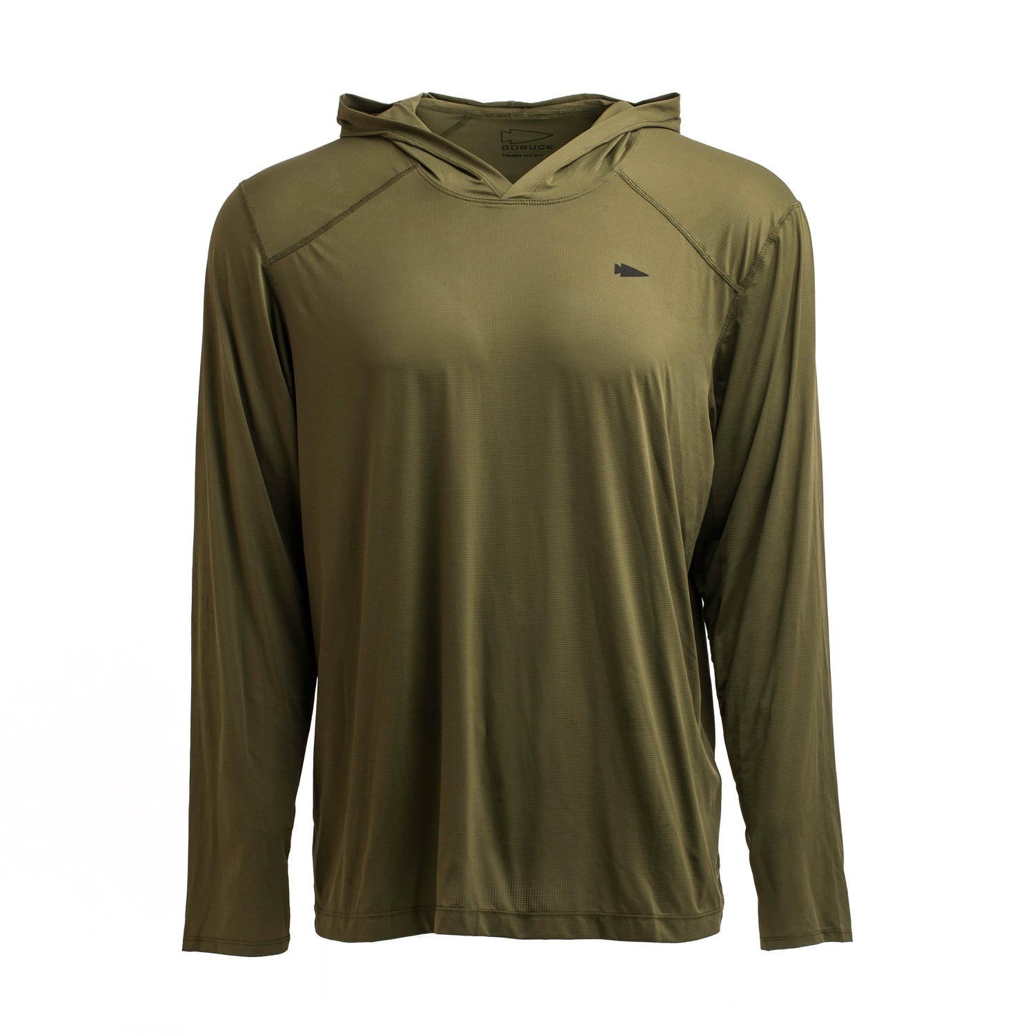 GORUCK men's olive pullover performance hoodie with thumbholes, size L, front view
