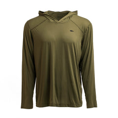 GORUCK men's olive pullover performance hoodie with thumbholes, size L, front view