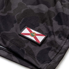 GORUCK men's training shorts in black frogskin camo with Florida flag patch detail