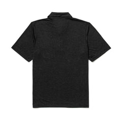 Back view of GORUCK men's black triblend polo shirt, short sleeves, laid flat