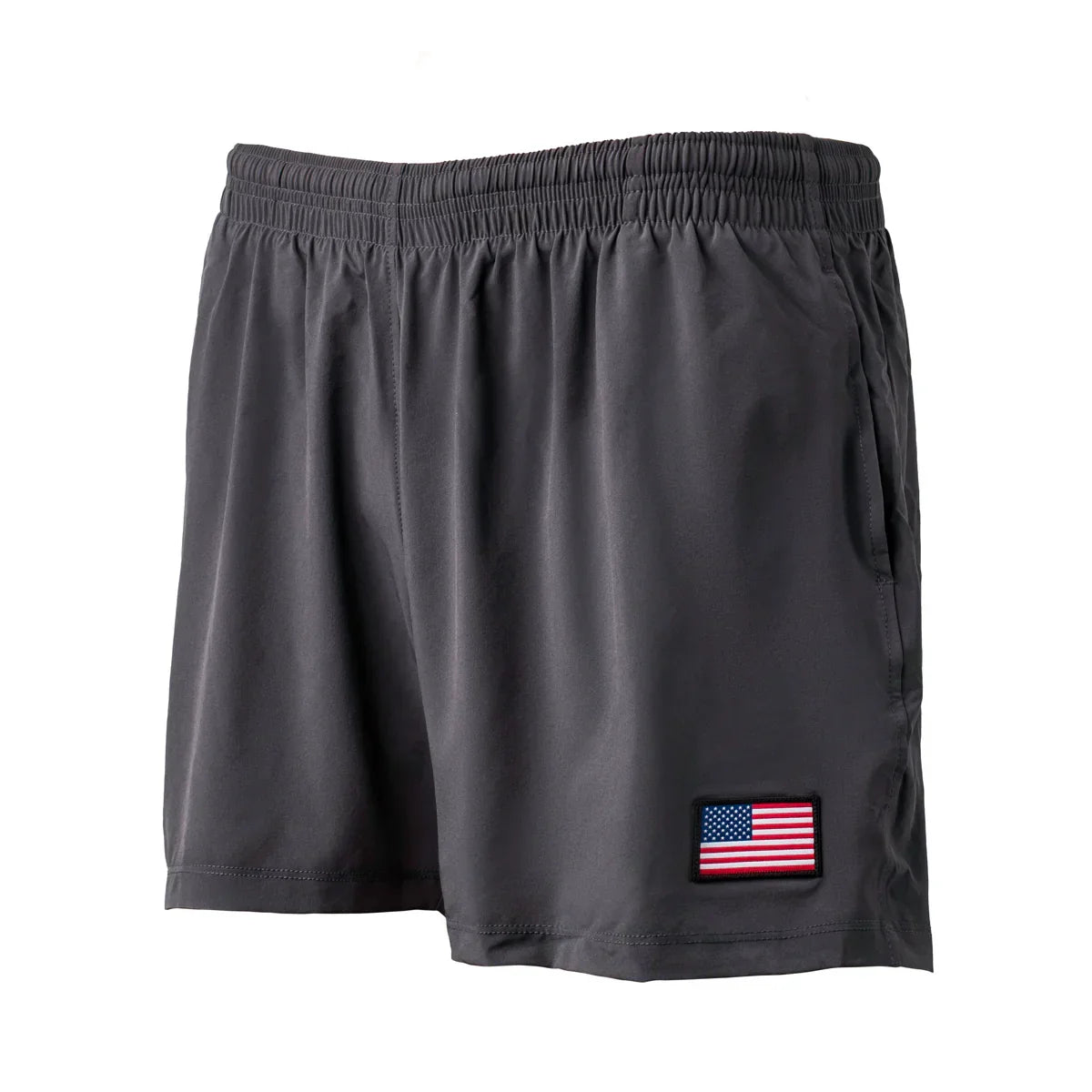 Men’s USA Training Shorts - Florida Flag, made from durable ToughStretch fabric with a Florida flag patch on the lower left leg—ideal gym training shorts, shown in dark gray against a white background.