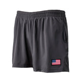 Men’s USA Training Shorts - Florida Flag, made from durable ToughStretch fabric with a Florida flag patch on the lower left leg—ideal gym training shorts, shown in dark gray against a white background.
