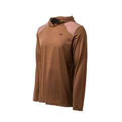 GORUCK Merino Hoodie Java in size L, brown long sleeve with hood and shoulder accents